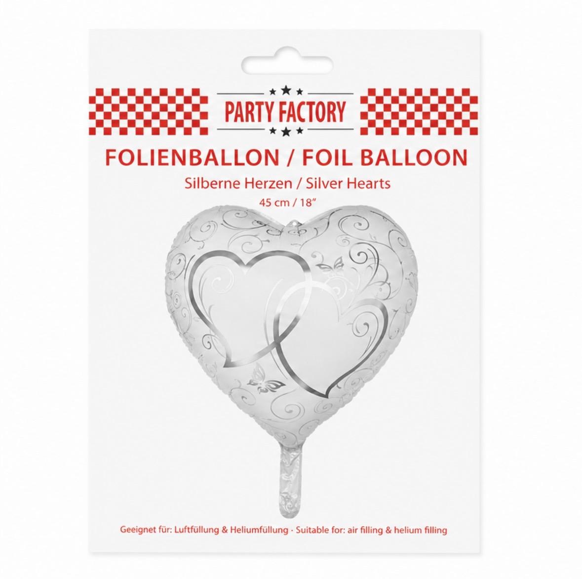 Party Factory Folienballon Herz - Silberne Herzen 45cm