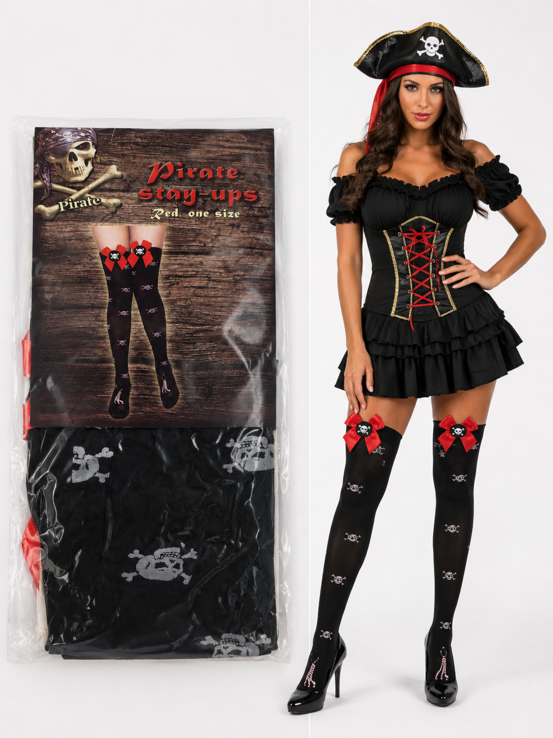 Piraten Overknee-Strümpfe Damen-Schwarz-Rot mit Totenkopf-Motiv