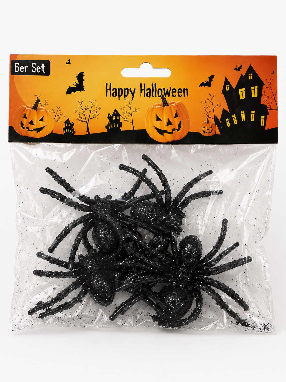 Halloween Deko Spinnen-6er Set Schwarze Glitzer Kunstspinnen