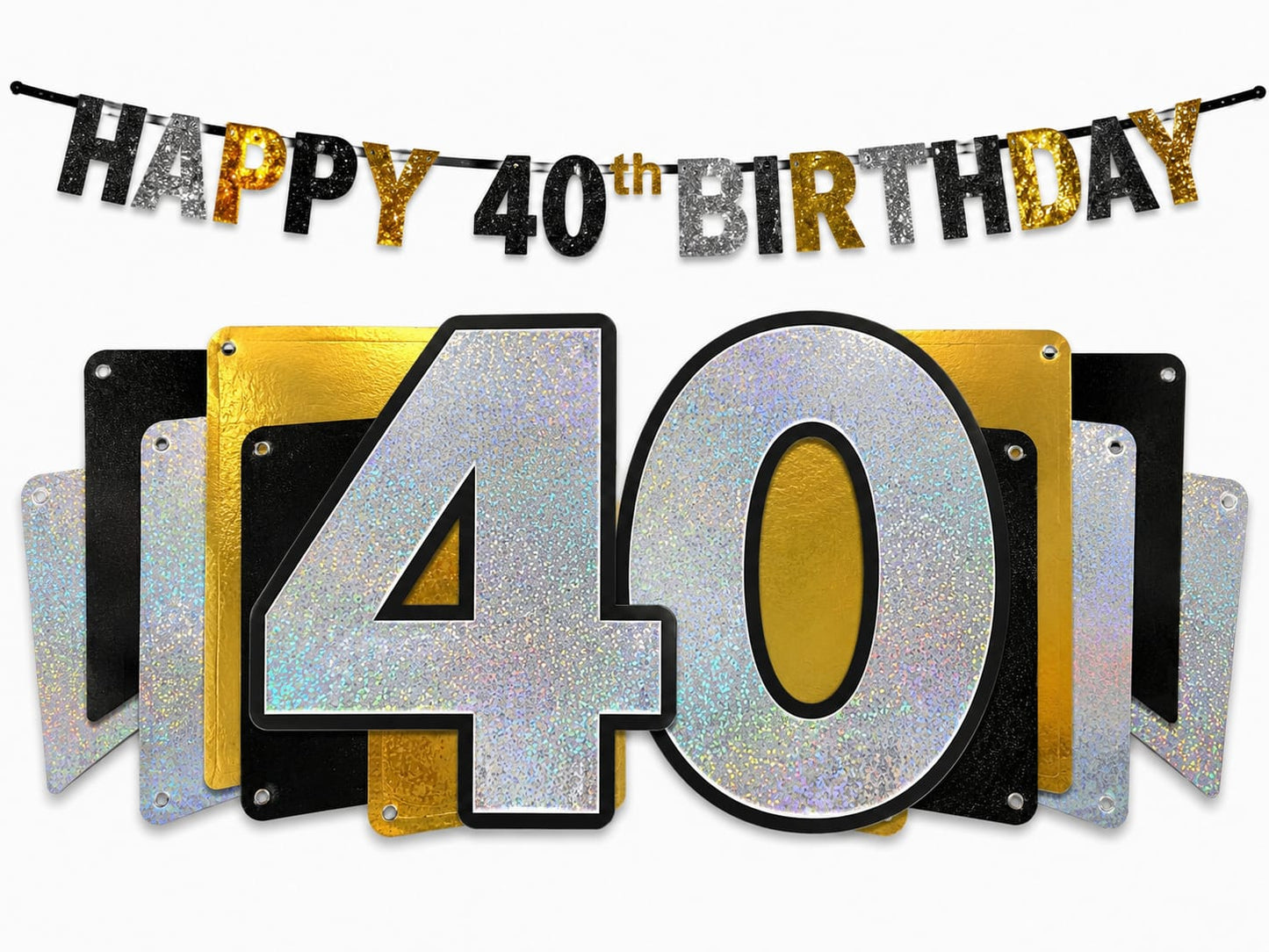 Glitzernde „Happy 40th Birthday“-Girlande mit Wimpeln in Gold, Schwarz & Holografisch – 2,13 m