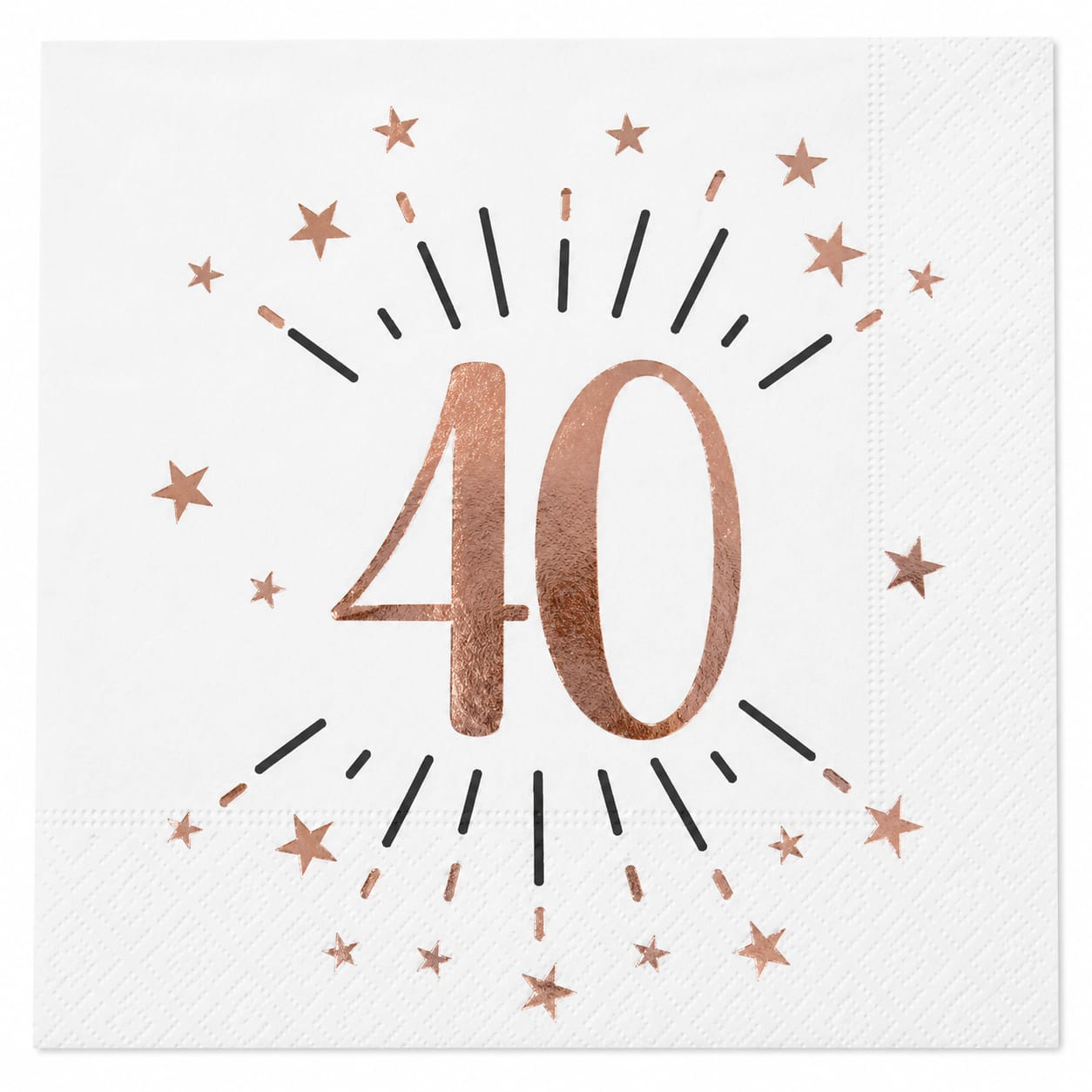 10 Servietten zum 40. Geburtstag in Weiß, Roségold und Schwarz mit Sternenmotiv