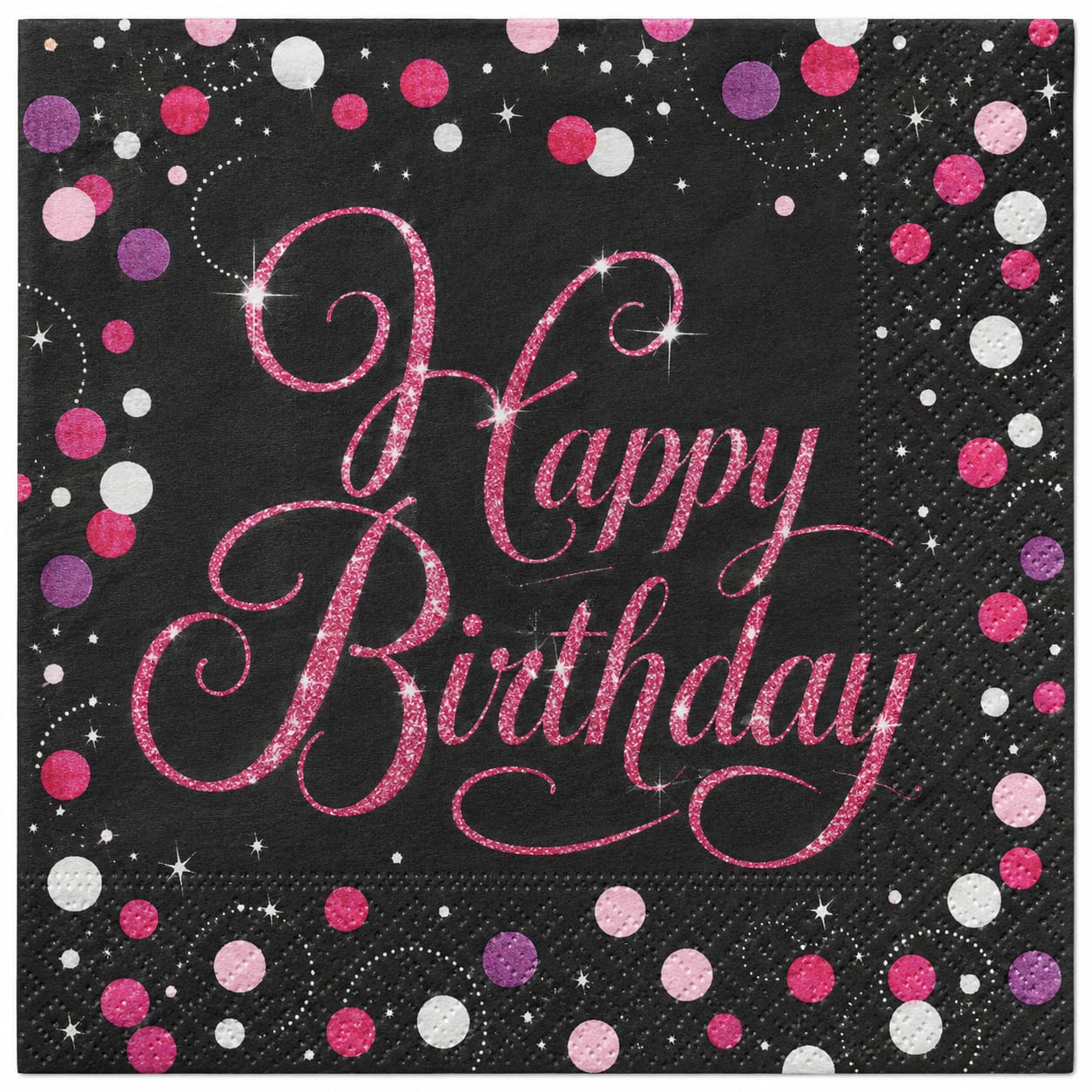 16 Geburtstagsservietten „Happy Birthday“ in Schwarz mit pinkem Glitzerschriftzug und Konfetti – 33 × 33 cm