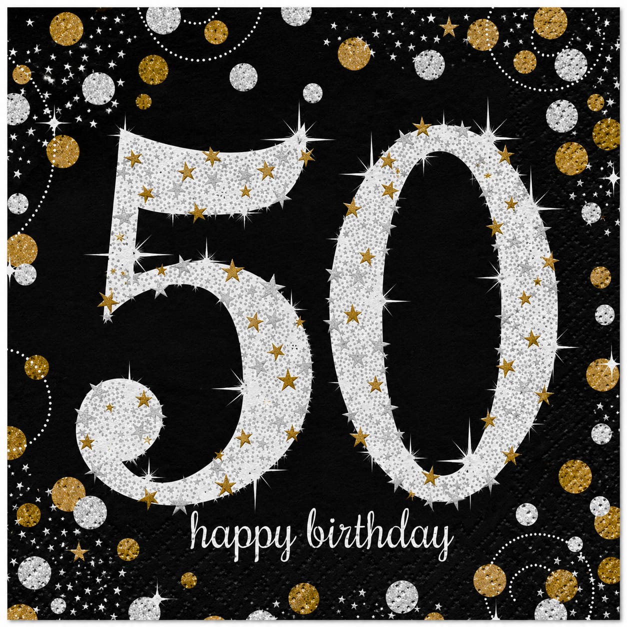 16 Servietten zum 50. Geburtstag in Schwarz, Gold und Silber mit „Happy Birthday“-Motiv – 33 × 33 cm