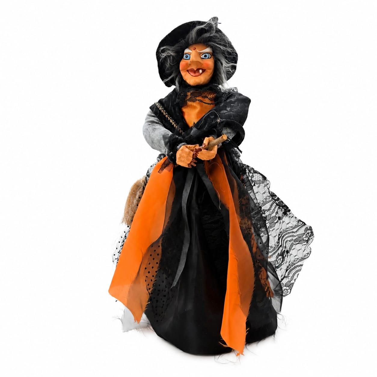 Halloween Hexenfigur mit Besen - Dekorationspuppe Orange-Schwarz & Grün-Schwarz