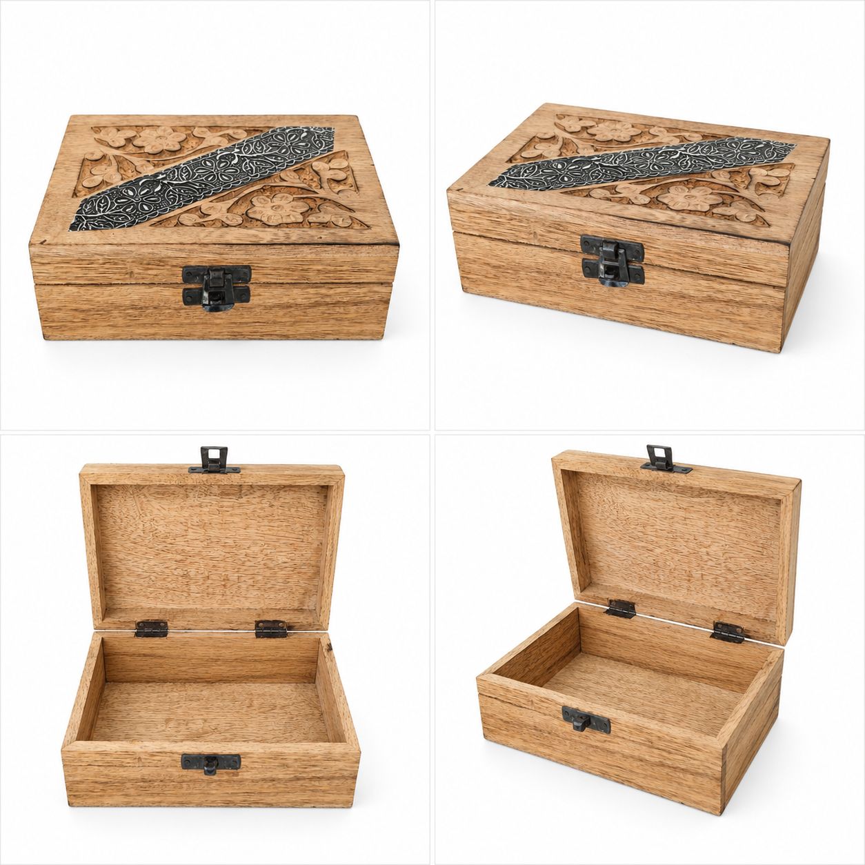 Ornamente Schmuckbox Holz – Vintage-Kiste mit Schnitzerei & Metalleinsatz