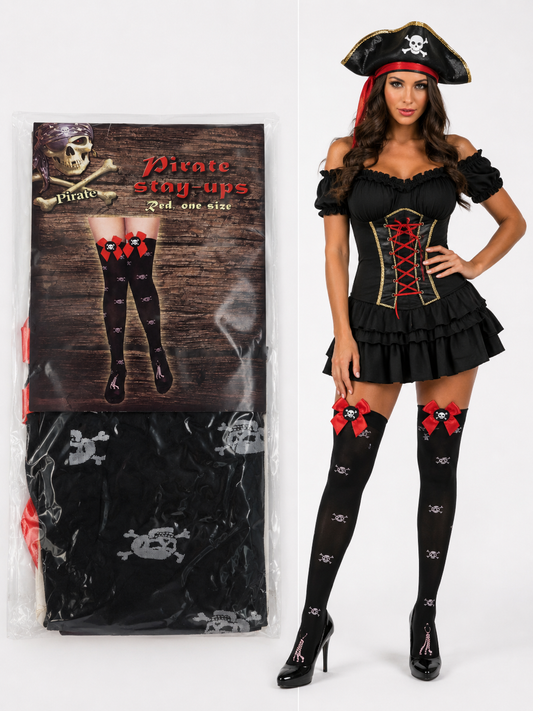 Piraten Overknee-Strümpfe Damen-Schwarz-Rot mit Totenkopf-Motiv