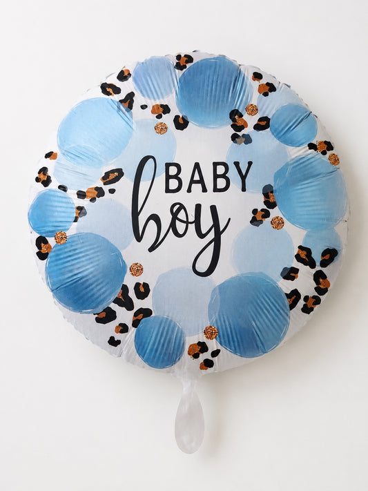 Premioloon XXL Folienballon „Baby Boy“ – Blau mit Leo-Print & Goldakzenten, 71 cm