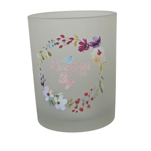 Teelichtglas Frost-Optik mit buntem Blumen-Kranzmotiv