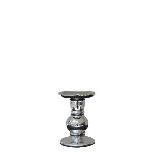 Kleiner Saeulen-Kerzenstaender aus Glas in Silber-Optik