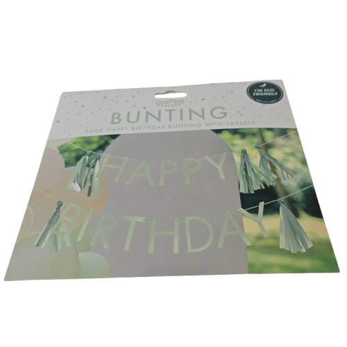 Ginger Ray „Happy Birthday“ Girlande mit Quasten – Salbeigrün (Eco)