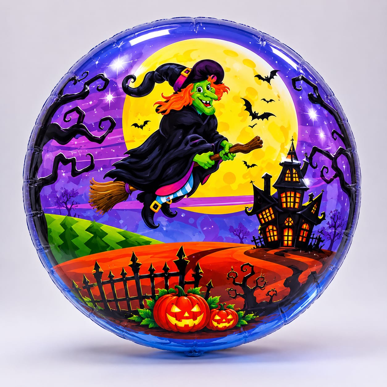 Halloween Folienballon "Fliegende Hexe" - Rundes Gruselmotiv