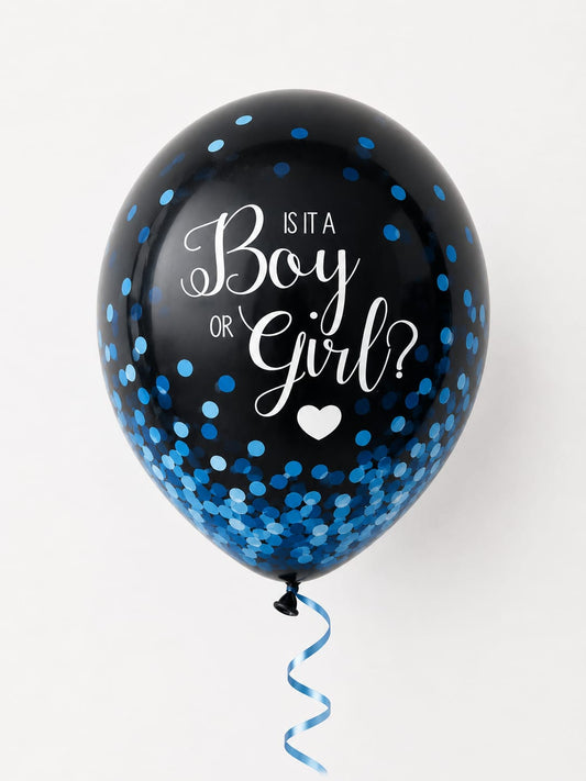 Gender Reveal Ballon,,, Boy or Girl?" -Schwarzer Überraschungsballon mit blauen Konfetti