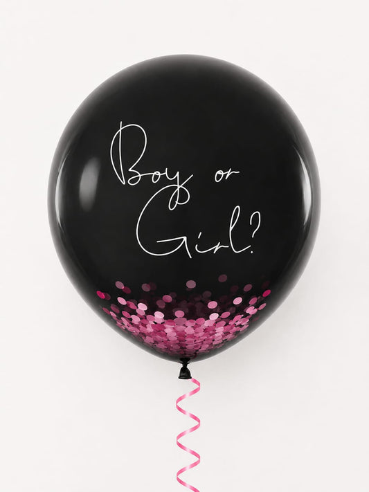 XXL Gender Reveal Ballon,,Boy or Girl?"-Schwarzer Überraschungsballon mit Rosa Konfetti (1m)