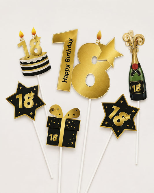 6-teiliges Fotorequisiten-Set zum 18. Geburtstag in Gold und Schwarz