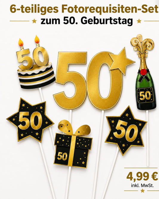 6-teiliges Fotorequisiten-Set zum 50. Geburtstag in Gold und Schwarz