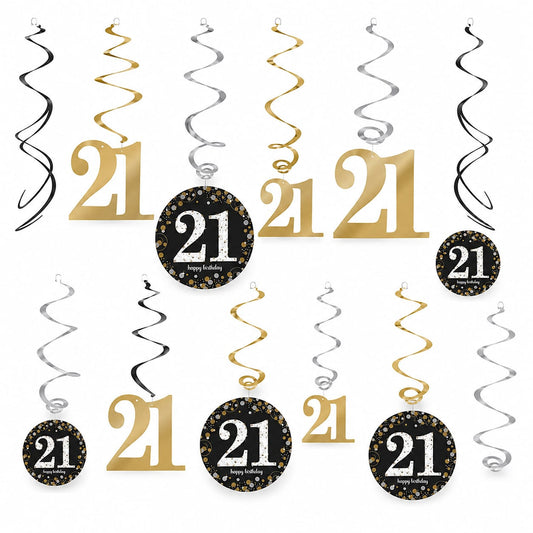 12-teiliges Hängedekorations-Set zum 21. Geburtstag in Gold, Schwarz und Silber