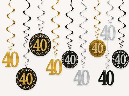 12-teiliges Hängedekorations-Set zum 40. Geburtstag in Gold, Schwarz und Silber