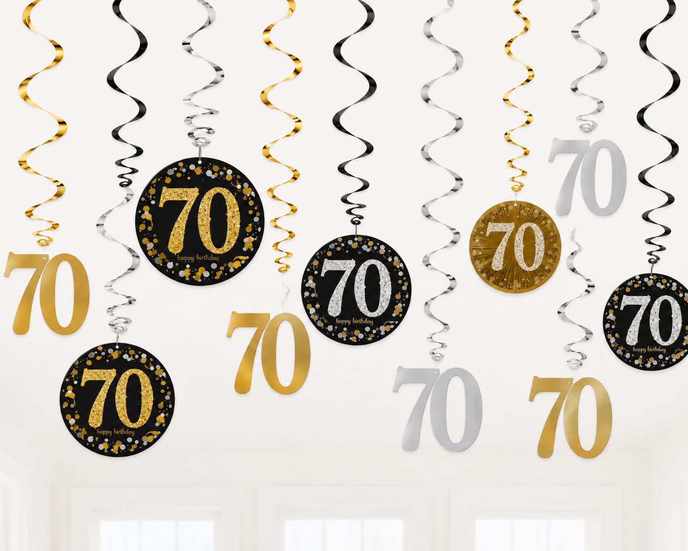 12-teiliges Hängedekorations-Set zum 70. Geburtstag in Gold, Schwarz und Silber