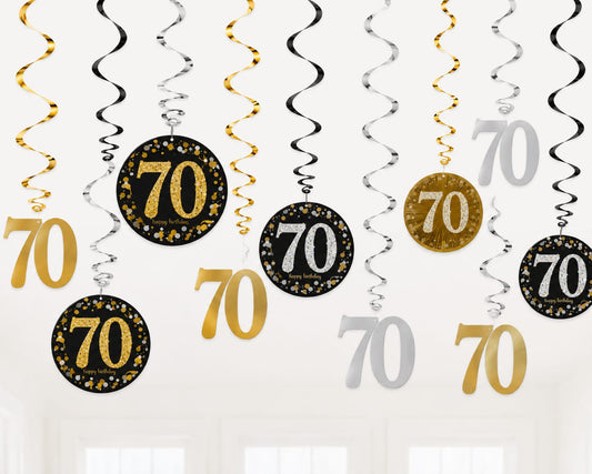 12-teiliges Hängedekorations-Set zum 70. Geburtstag in Gold, Schwarz und Silber