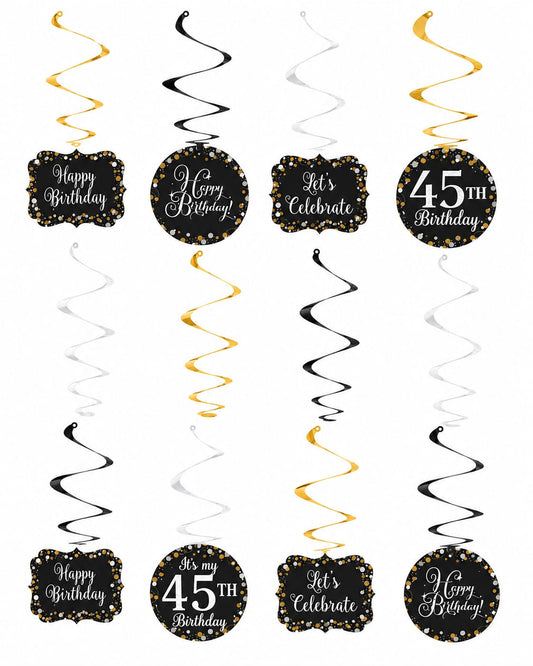 12-teiliges Hängedekorations-Set „Happy Birthday“ in Gold, Schwarz & Weiß – personalisierbar mit Alterszahl