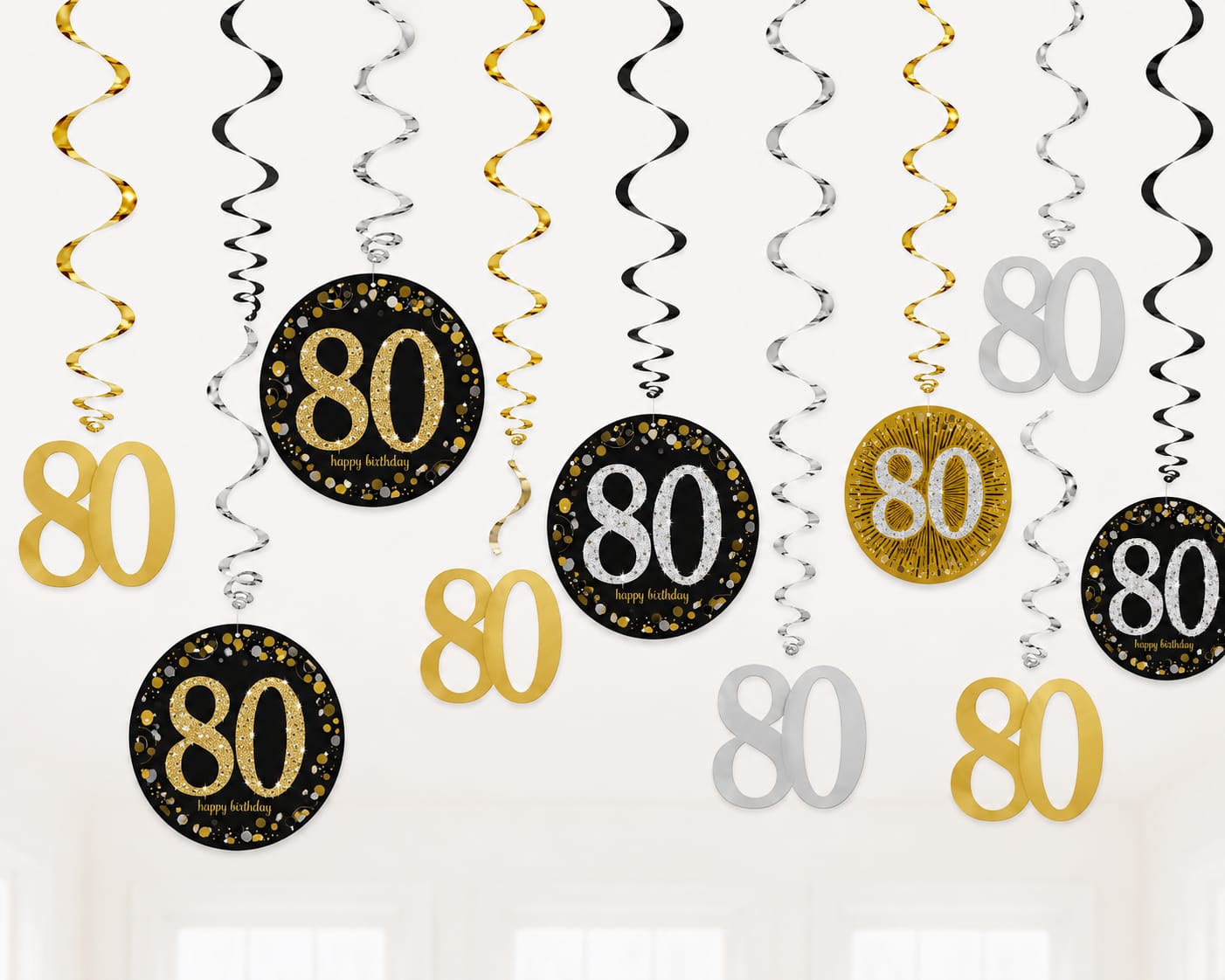 12-teiliges Hängedekorations-Set zum 80. Geburtstag in Gold, Schwarz und Silber