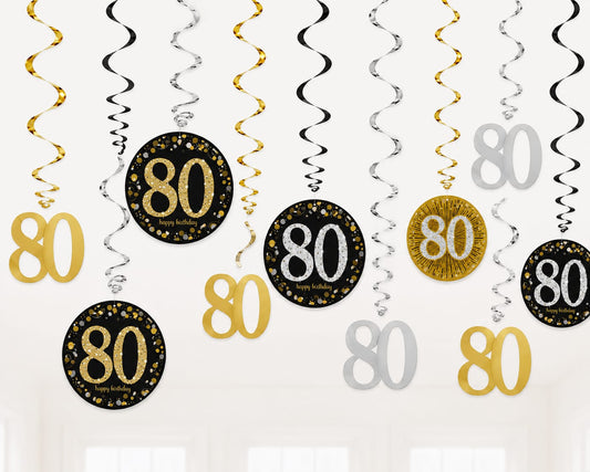 12-teiliges Hängedekorations-Set zum 80. Geburtstag in Gold, Schwarz und Silber