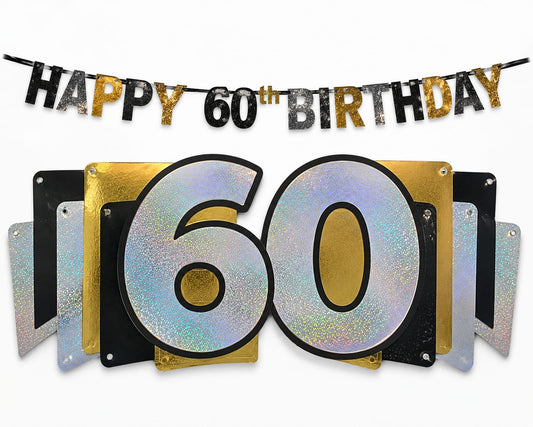 Glitzernde „Happy 60th Birthday“-Girlande mit Wimpeln in Gold, Schwarz & Holografisch – 2,13 m