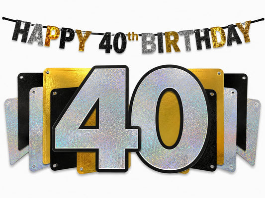 Glitzernde „Happy 40th Birthday“-Girlande mit Wimpeln in Gold, Schwarz & Holografisch – 2,13 m