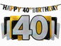 Glitzernde „Happy 40th Birthday“-Girlande mit Wimpeln in Gold, Schwarz & Holografisch – 2,13 m