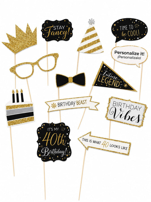 13-teiliges Foto-Accessoires-Set zum 40. Geburtstag in Gold, Schwarz und Weiß