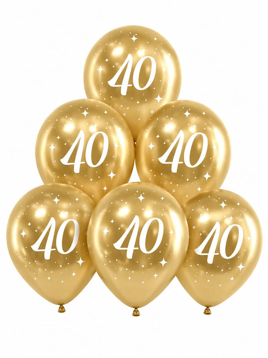 6 goldene Luftballons zum 40. Geburtstag mit weißem „40“-Aufdruck und Sternenmotiven