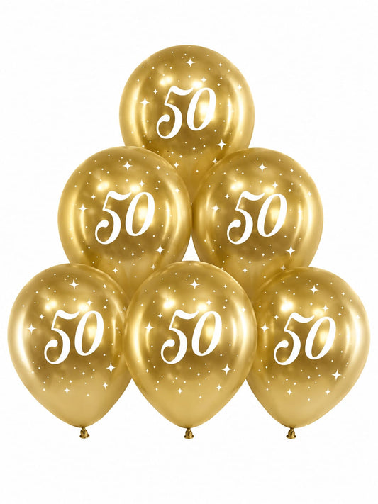 6 goldene Luftballons zum 50. Geburtstag mit weißem „50“-Aufdruck und Sternenmotiven