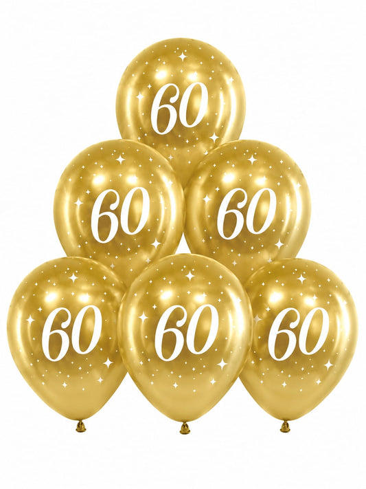 6 goldene Luftballons zum 60. Geburtstag mit weißem „60“-Aufdruck und Sternenmotiven