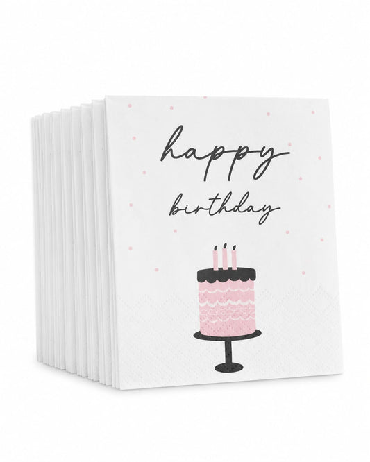 16 Geburtstagsservietten „Happy Birthday“ mit rosa Torte und Punkten – 33 × 33 cm