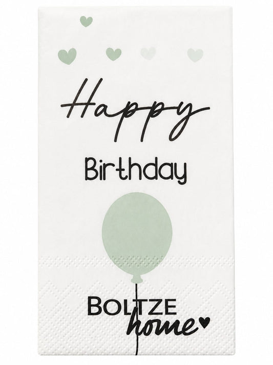 16 Geburtstagsservietten „Happy Birthday“ mit mintgrünem Ballon und Herzmotiven – 33 × 33 cm