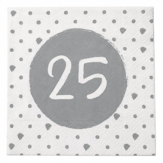 20 Servietten zur Silberhochzeit „25“ in Weiß und Silber – 33 × 33 cm