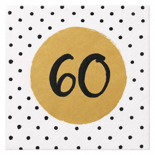 20 Servietten zum 60. Geburtstag in Schwarz, Weiß und Gold – 33 × 33 cm