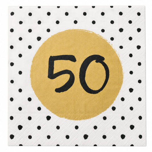 20 Servietten zum 50. Geburtstag in Schwarz, Weiß und Gold – 33 × 33 cm