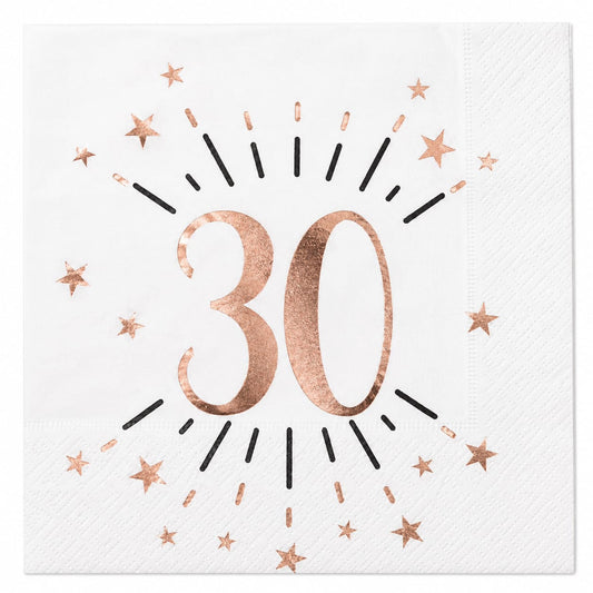 10 Servietten zum 30. Geburtstag in Weiß, Roségold und Schwarz mit Sternenmotiv