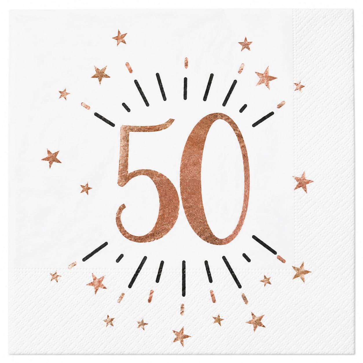 10 Servietten zum 50. Geburtstag in Weiß, Roségold und Schwarz mit Sternenmotiv