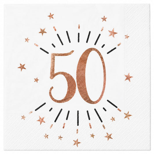 10 Servietten zum 50. Geburtstag in Weiß, Roségold und Schwarz mit Sternenmotiv