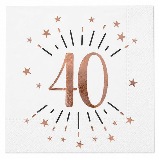 10 Servietten zum 40. Geburtstag in Weiß, Roségold und Schwarz mit Sternenmotiv