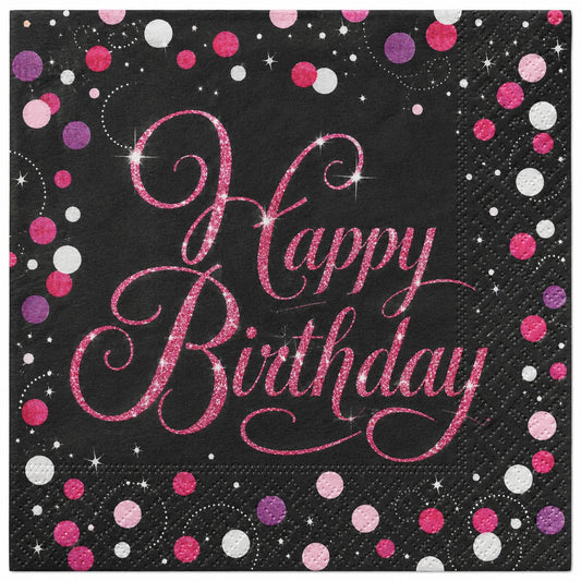 16 Geburtstagsservietten „Happy Birthday“ in Schwarz mit pinkem Glitzerschriftzug und Konfetti – 33 × 33 cm