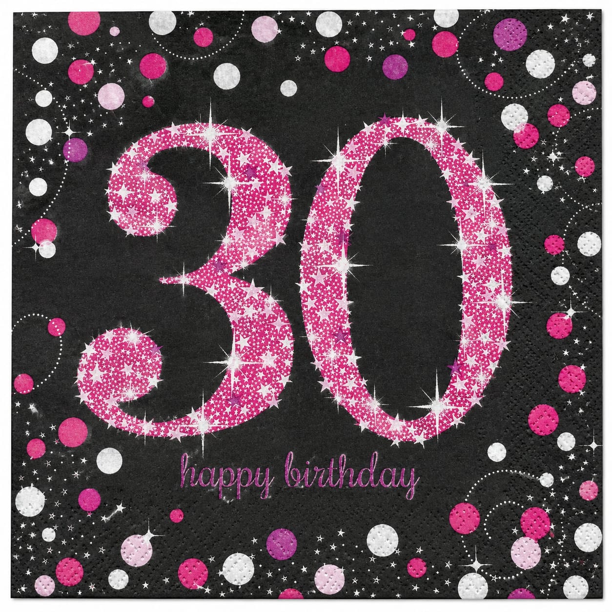 16 Servietten zum 30. Geburtstag in Schwarz mit pinkem Glitzermotiv und Konfetti – 33 × 33 cm