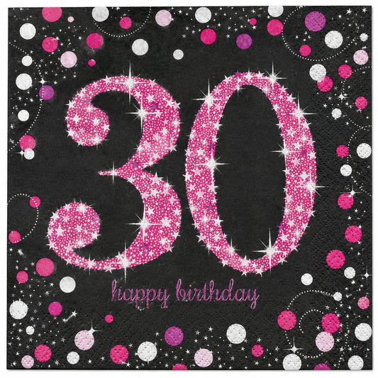 16 Servietten zum 30. Geburtstag in Schwarz mit pinkem Glitzermotiv und Konfetti – 33 × 33 cm