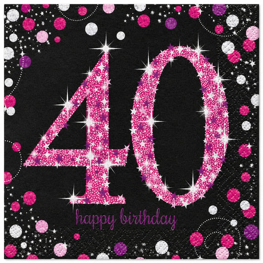 16 Servietten zum 40. Geburtstag in Schwarz mit pinkem Glitzermotiv und Konfetti – 33 × 33 cm