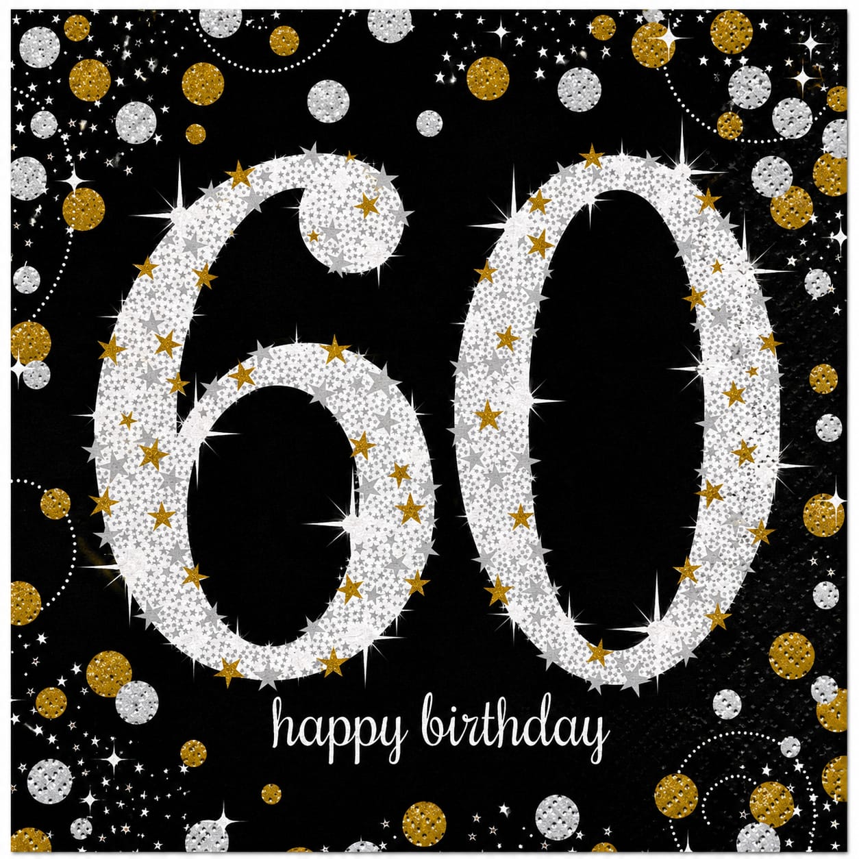 16 Servietten zum 60. Geburtstag in Schwarz, Gold und Silber mit „Happy Birthday“-Motiv – 33 × 33 cm
