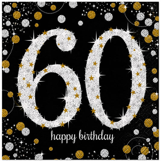 16 Servietten zum 60. Geburtstag in Schwarz, Gold und Silber mit „Happy Birthday“-Motiv – 33 × 33 cm