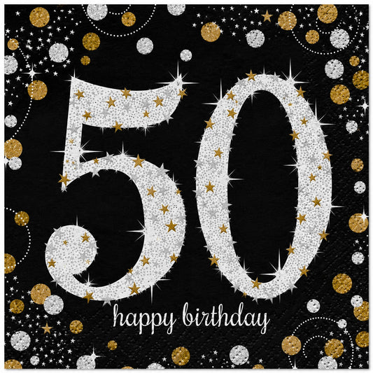 16 Servietten zum 50. Geburtstag in Schwarz, Gold und Silber mit „Happy Birthday“-Motiv – 33 × 33 cm