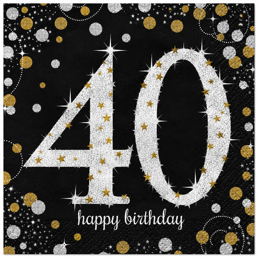 16 Servietten zum 40. Geburtstag in Schwarz, Gold und Silber mit „Happy Birthday“-Motiv – 33 × 33 cm